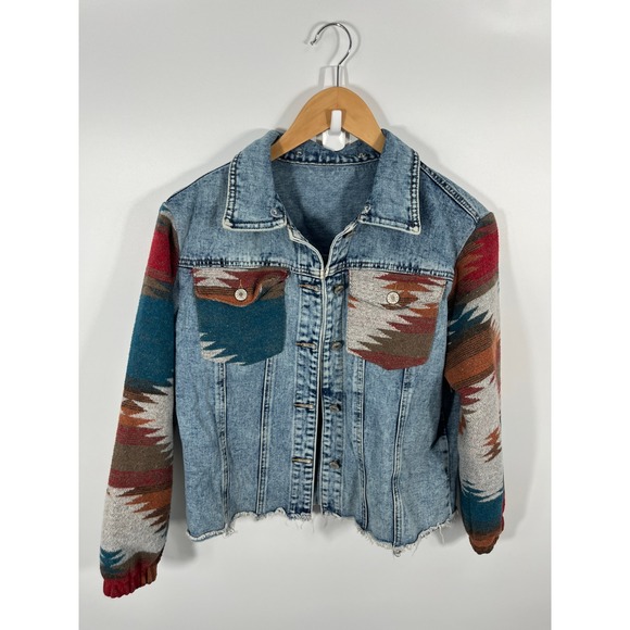 Jackets & Blazers - Womens Denim Jacket S Blue Southwestern Aztec Print Rodeo Festival Concert